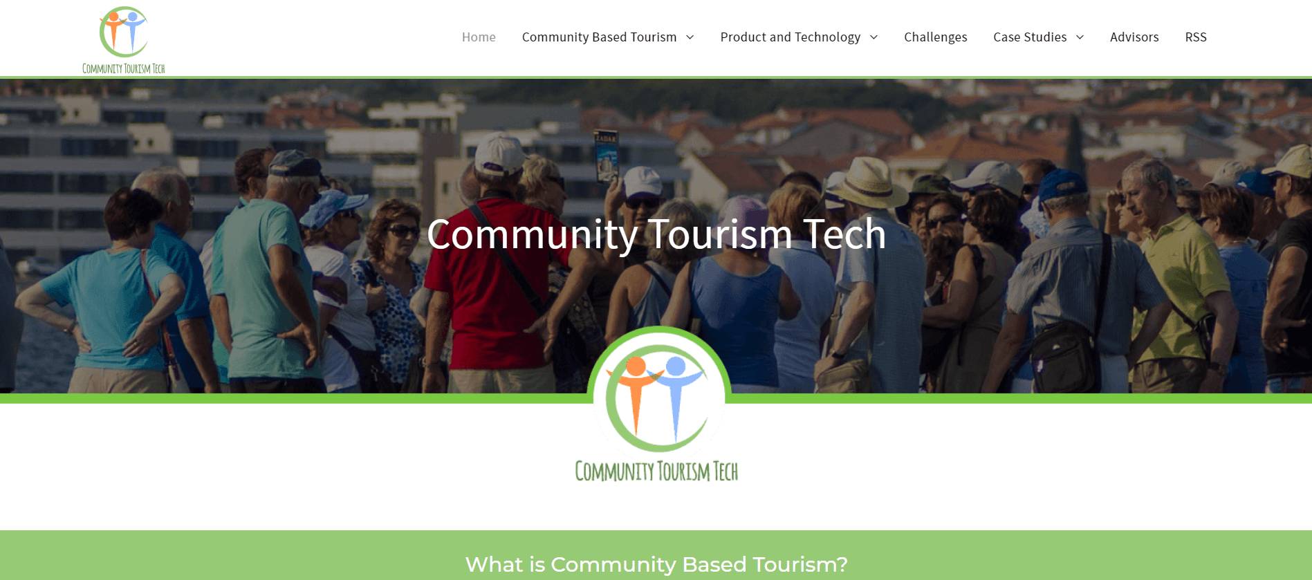Community Tourism Toch website banner with a crowd of people in front of buildings.