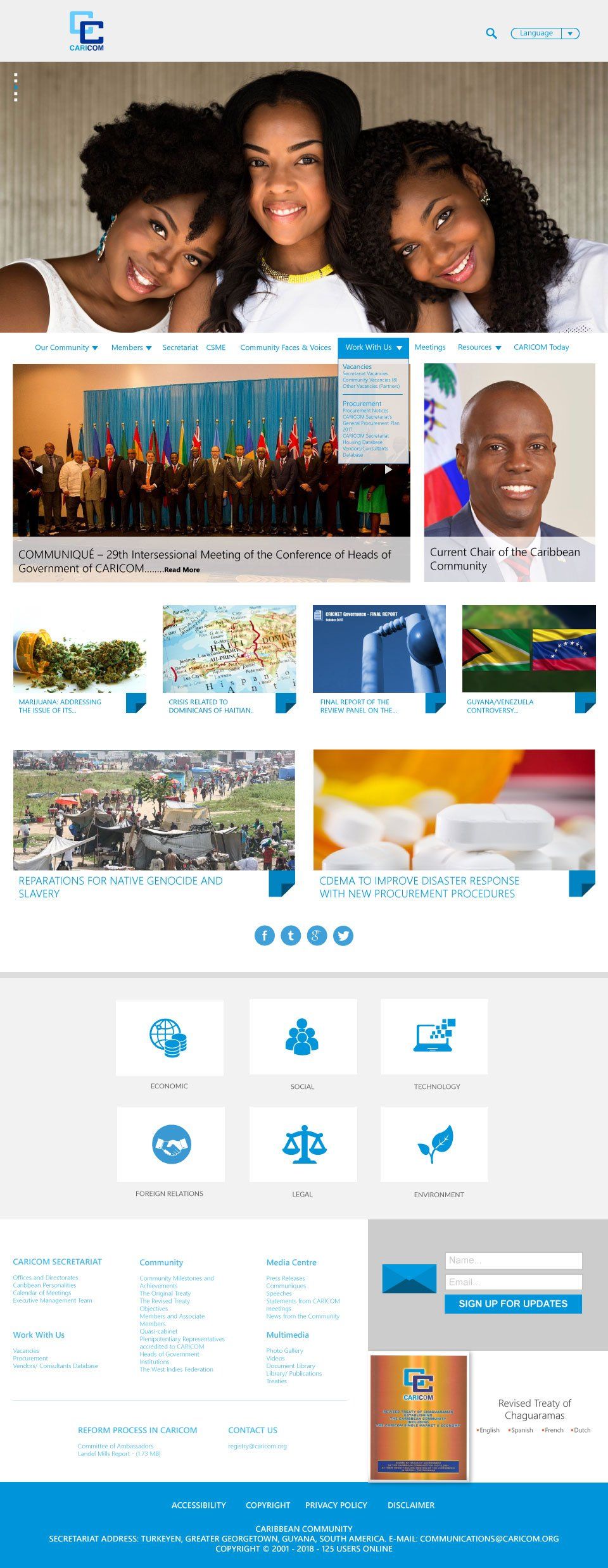 Website homepage featuring smiling people, community images, and blue accents.