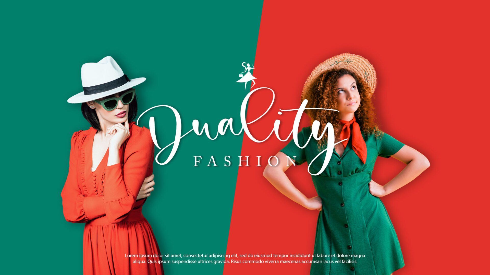 Two women in contrasting red and green outfits, posing against split backgrounds. The title says “Duality Fashion.”