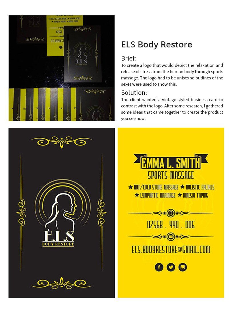 Marketing material for ELS Body Restore with black and yellow color scheme: product packaging and business card.