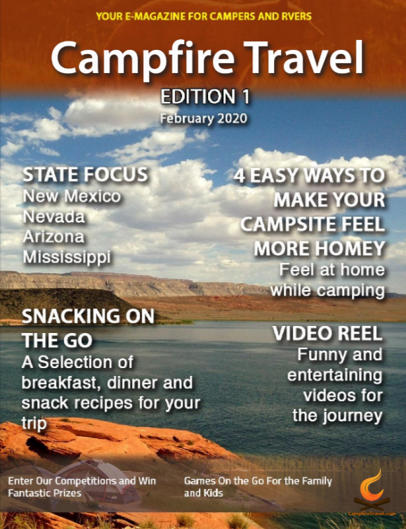 Campfire Travel magazine cover: State focus, recipes, videos, and campsite tips. Features a lake and mountains.