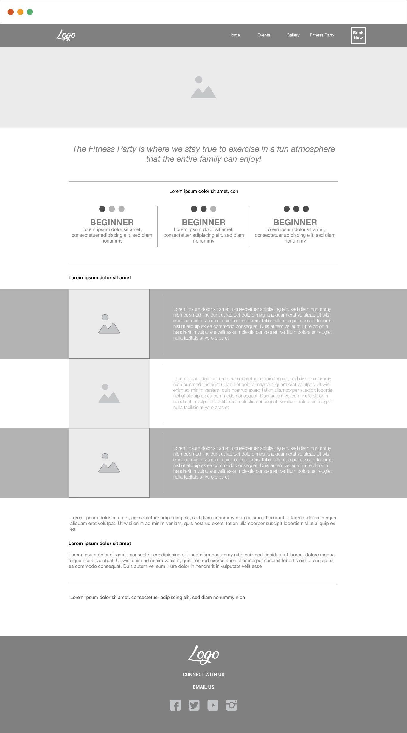Website layout: Header, content, call to actions, and footer. Grey tones.