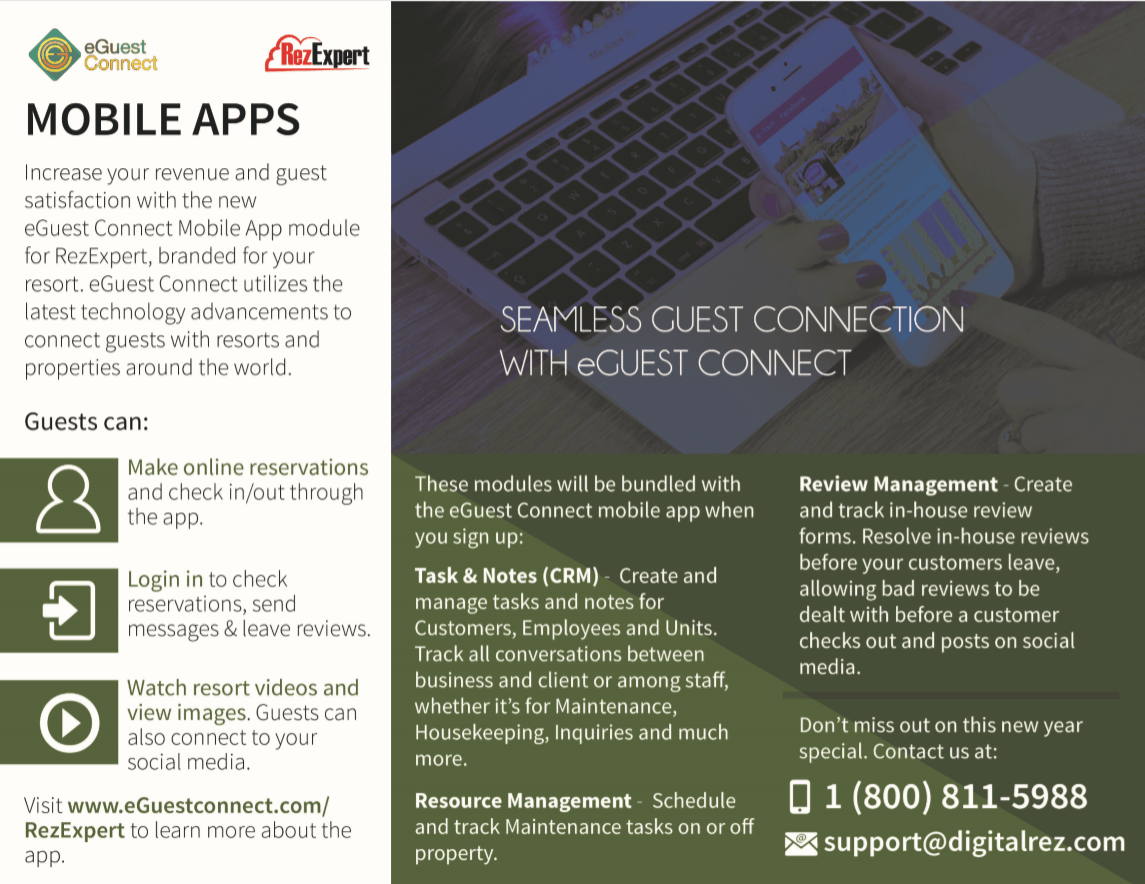 Advertisement for mobile apps: laptop, phone, green accents, and contact info.