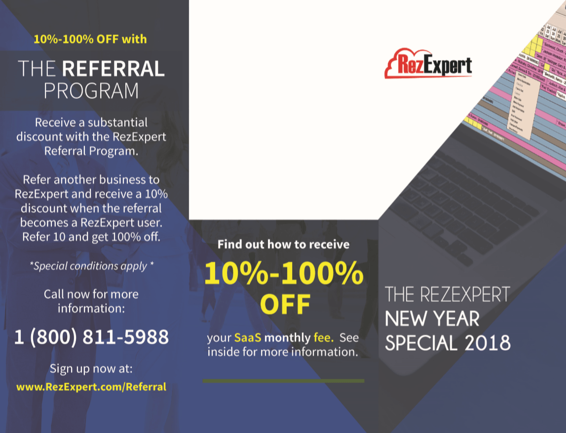 Brochure for RezExpert, offering 10-100% off with a referral program. Includes a phone number and website.