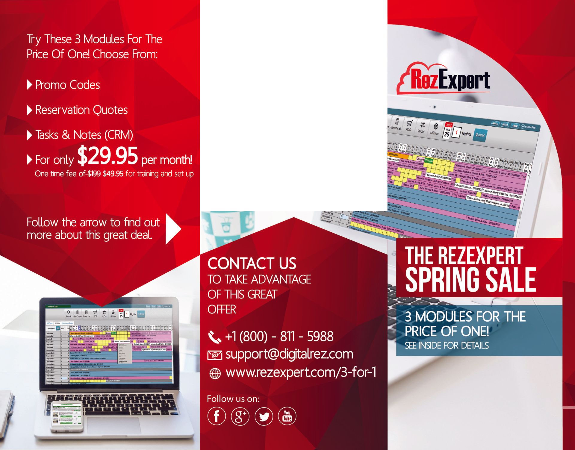 Brochure with red, white, and black design promoting RezExpert software. Features modules for a low price, and contact information.