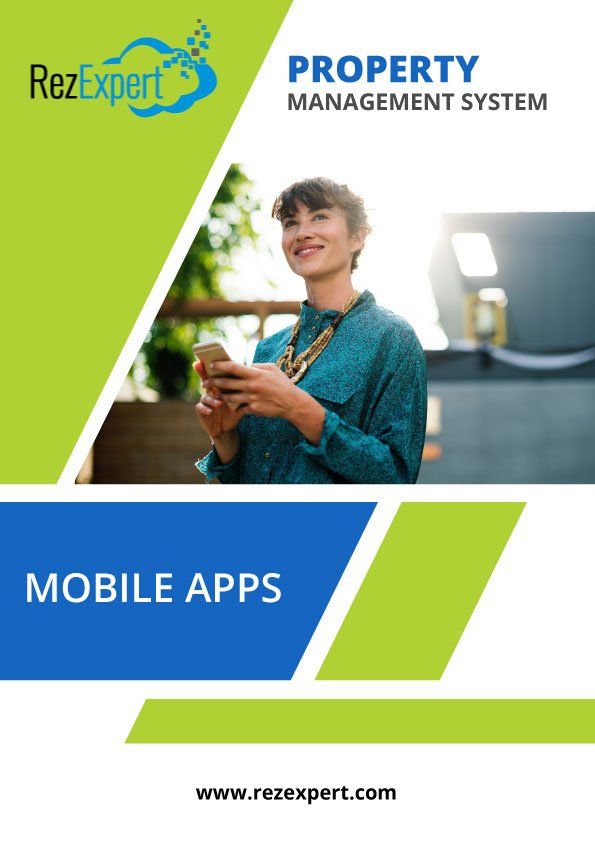 Cover of a property management system brochure. Woman using a mobile phone, blue, green, and white design.