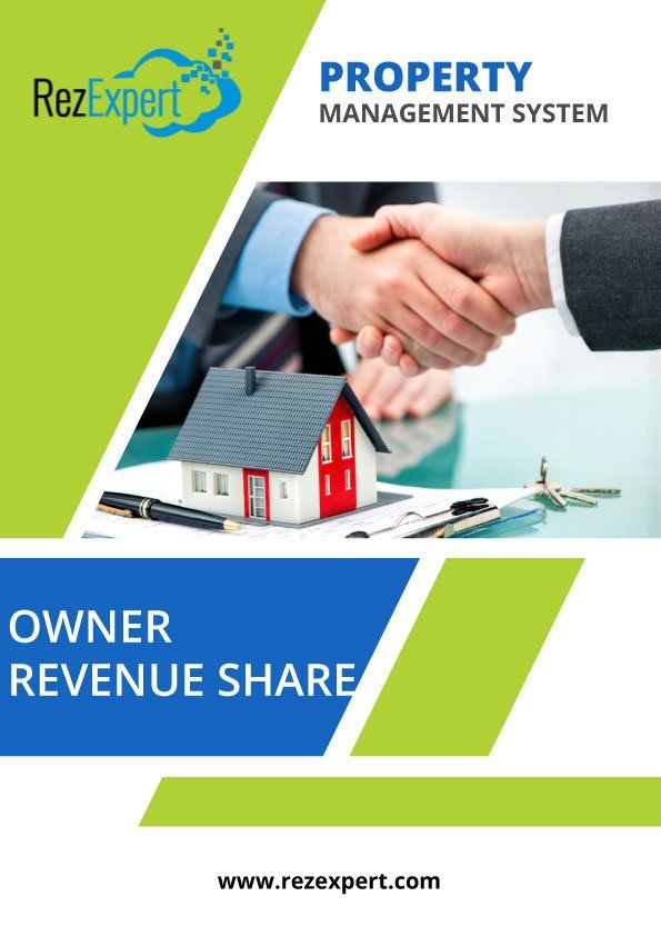 Brochure: Property management system, handshake, house model, documents, owner revenue share. Green, blue, and white.