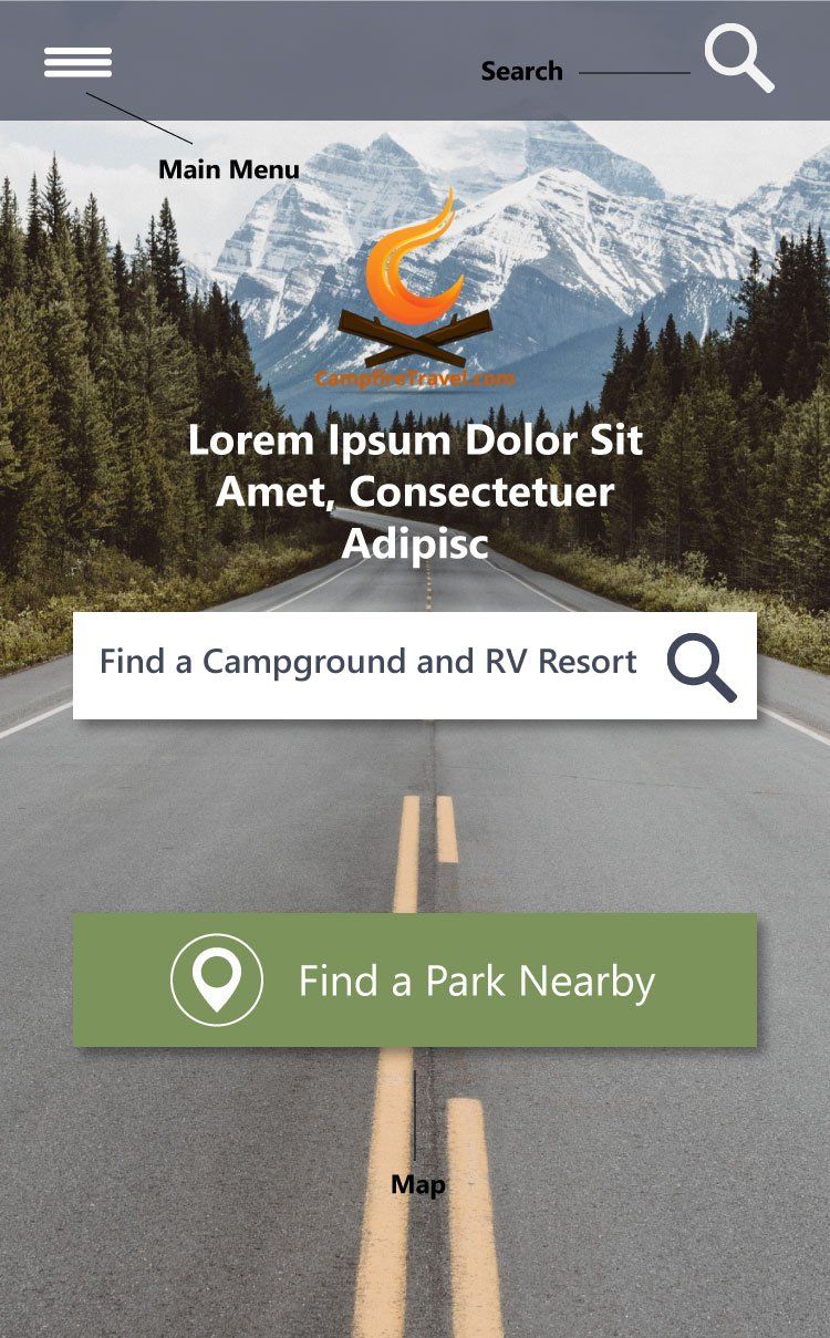 Mobile screen with main menu, search bar, and buttons to find campgrounds and parks on a road with mountain background.
