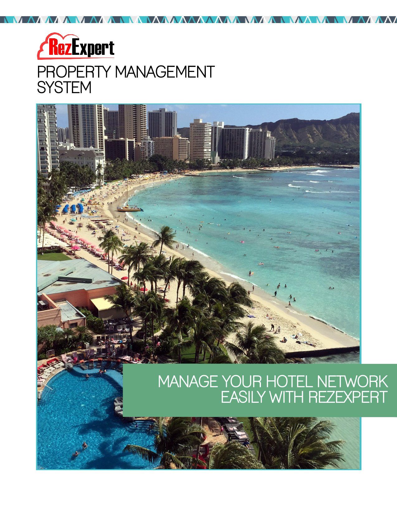 RezExpert Property Management System, featuring a beach view, with text 