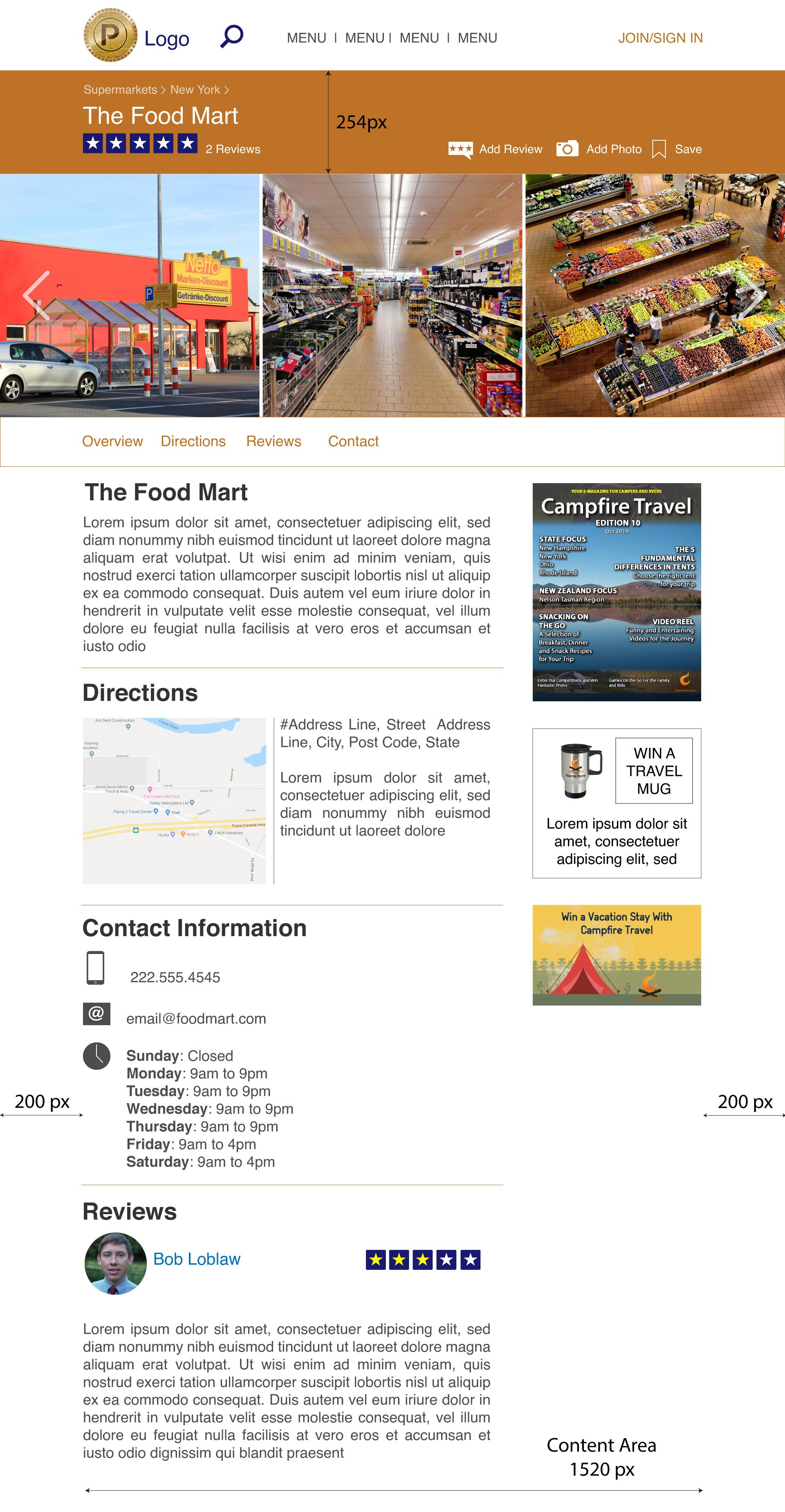 Website for The Food Mart grocery store: photos, text descriptions, and contact info.