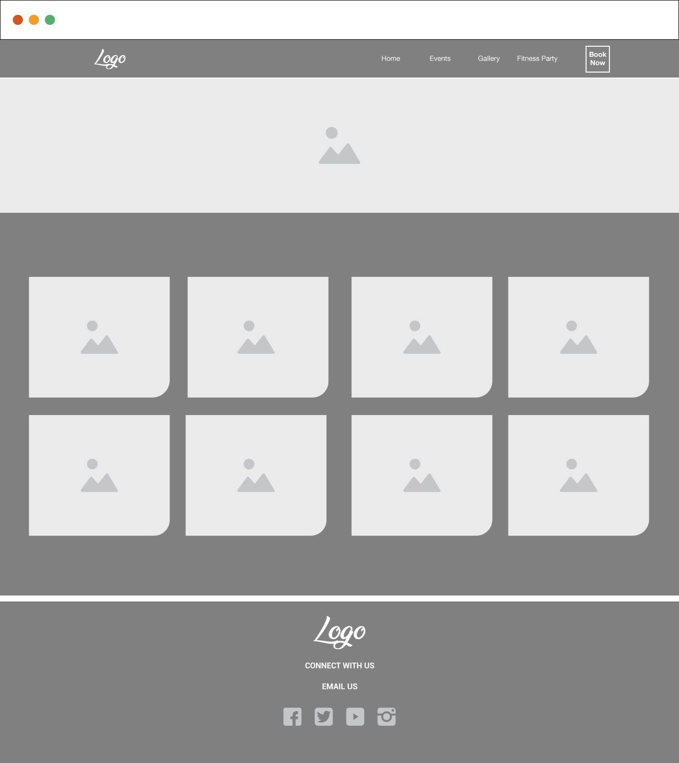 Website mockup with header, navigation, image placeholders, and footer.