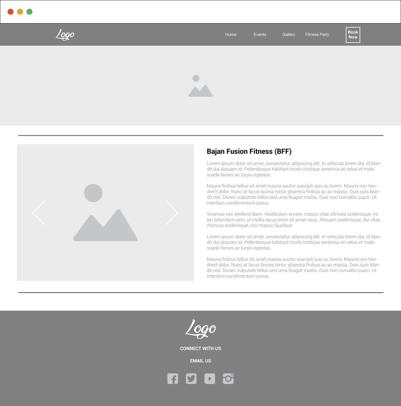Website wireframe for Dayan Fusion Fitness, featuring a logo, navigation, and content sections.