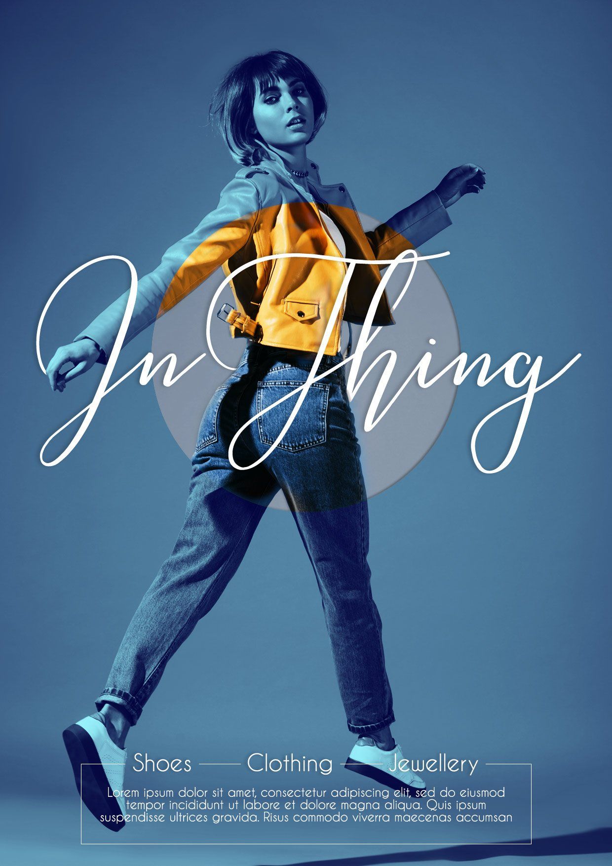 Woman in casual clothes jumping, text 