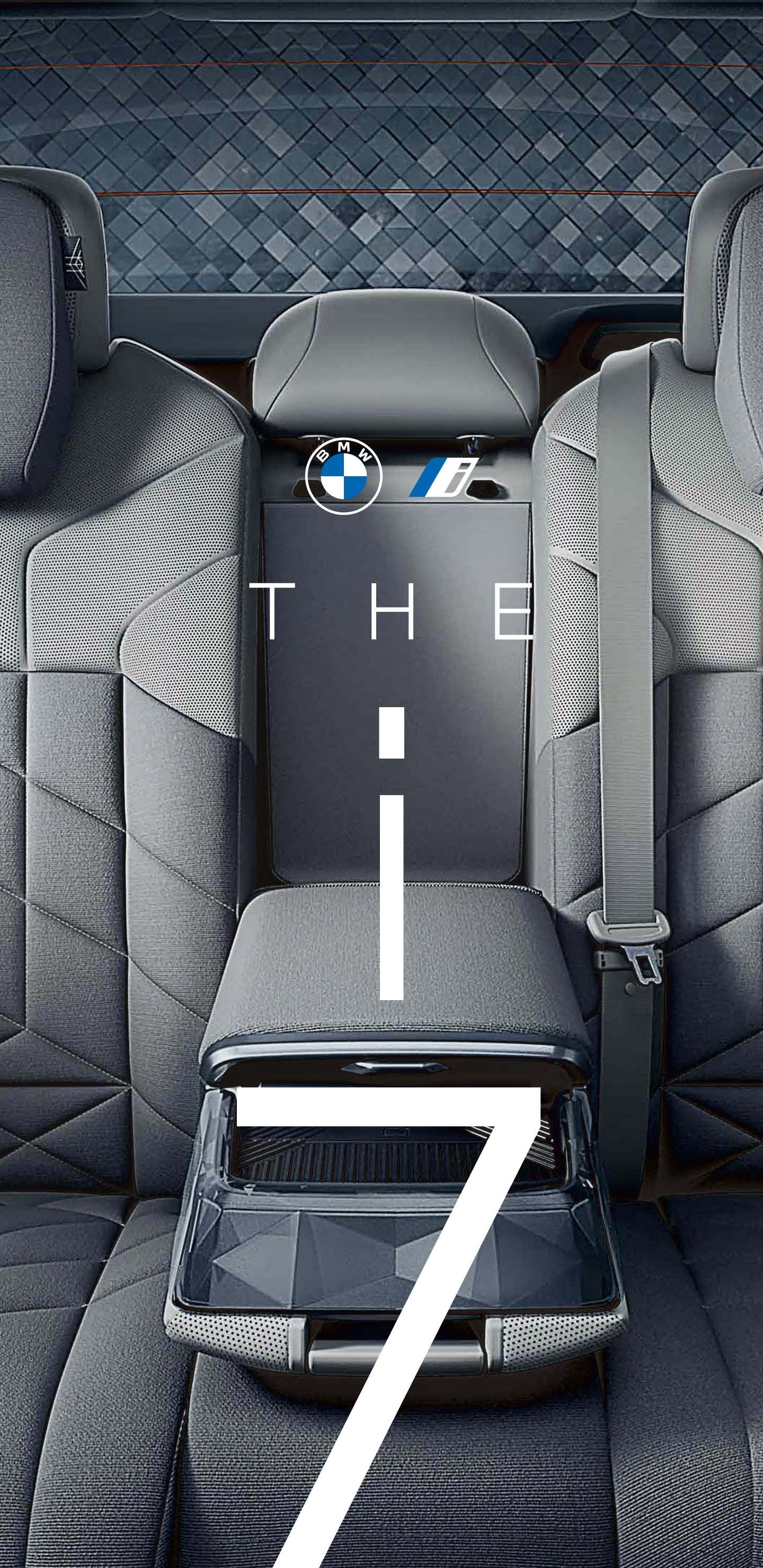Interior view of a BMW i7 car seat with the text 
