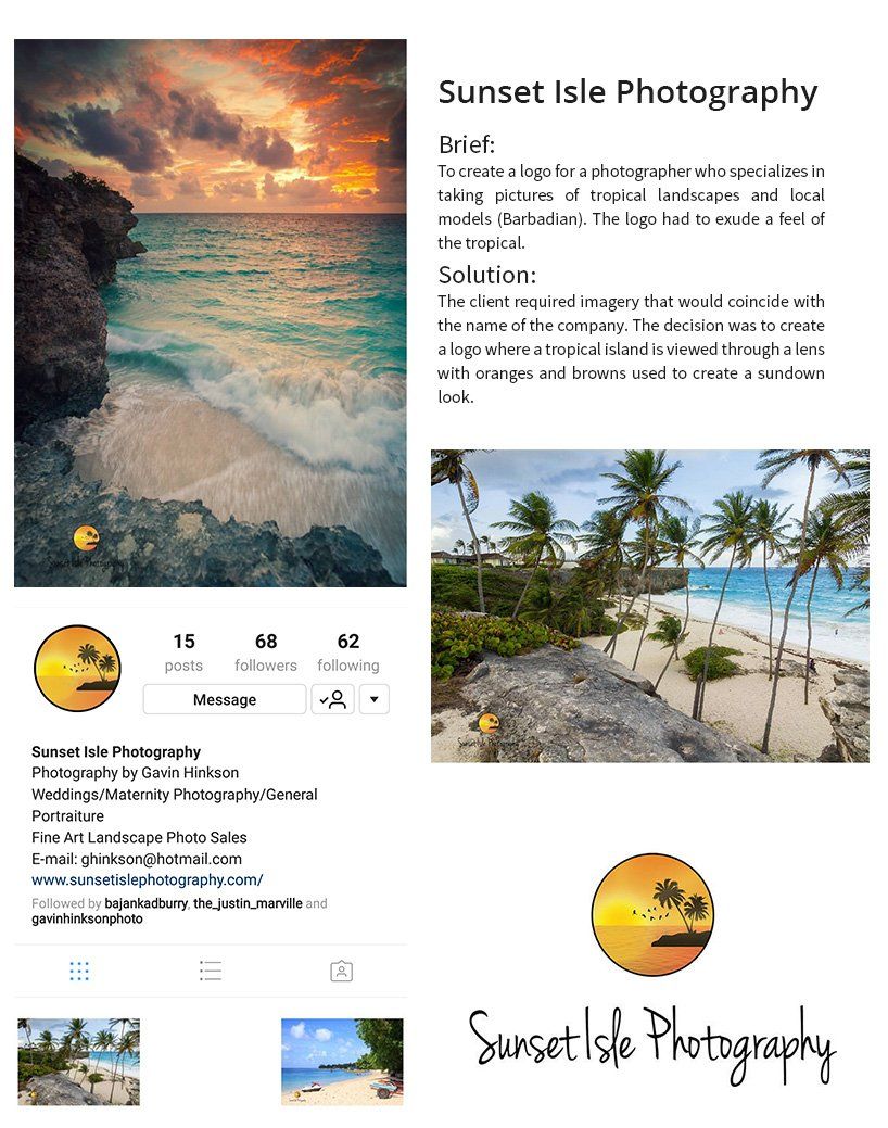 Beach photos and profile for Sunset Isle Photography. Includes logo, contact info, and Instagram statistics.