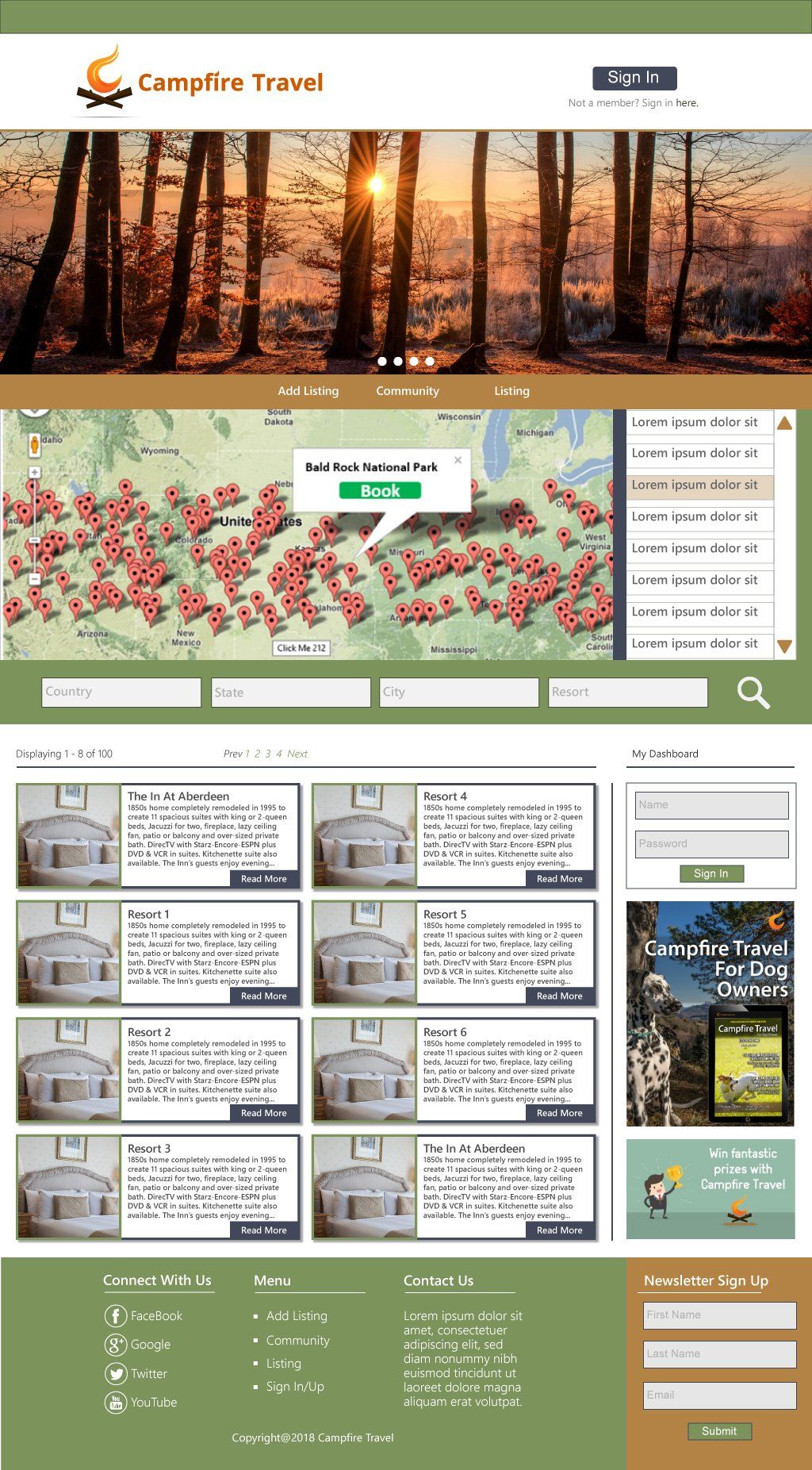 Camping Love Travel website homepage with map and camping options.