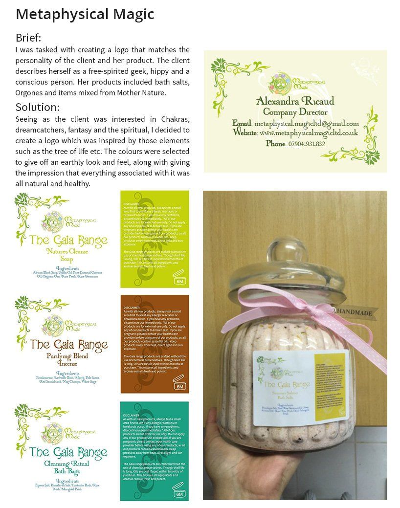 An advertisement for Metaphysical Magic. Includes a business card, jars, and labels with text and floral elements.