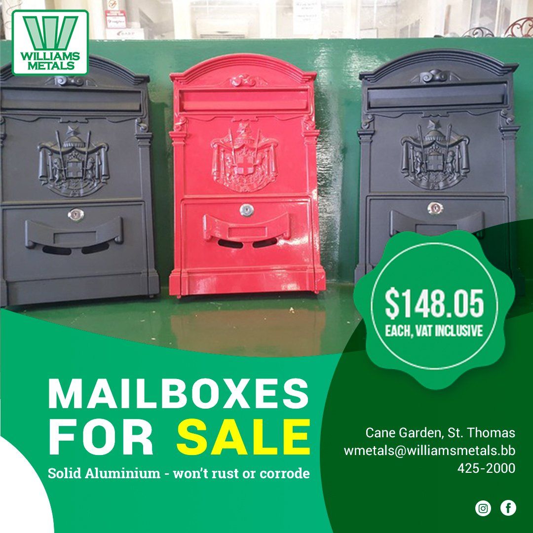 Three aluminum mailboxes for sale: black, red, and black. Price $148.05 each.