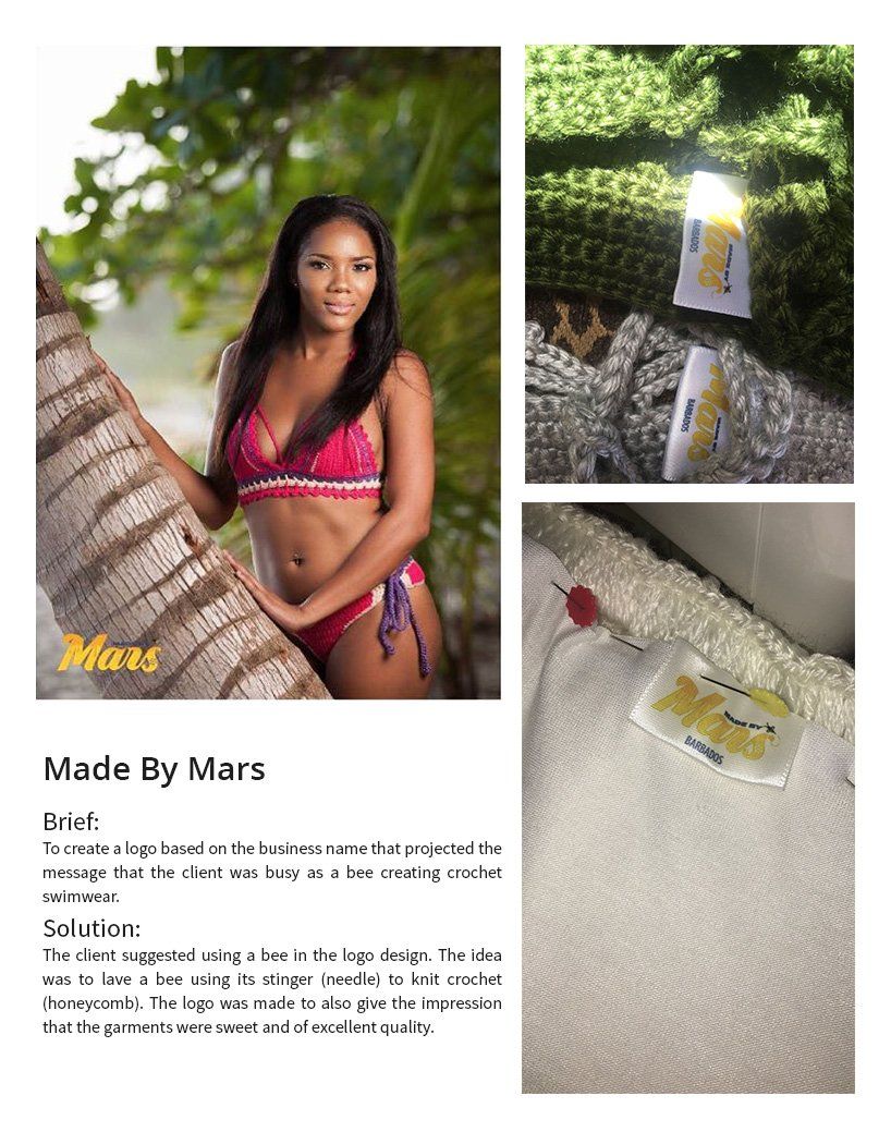 Woman in red bikini by palm tree, crochet items with 