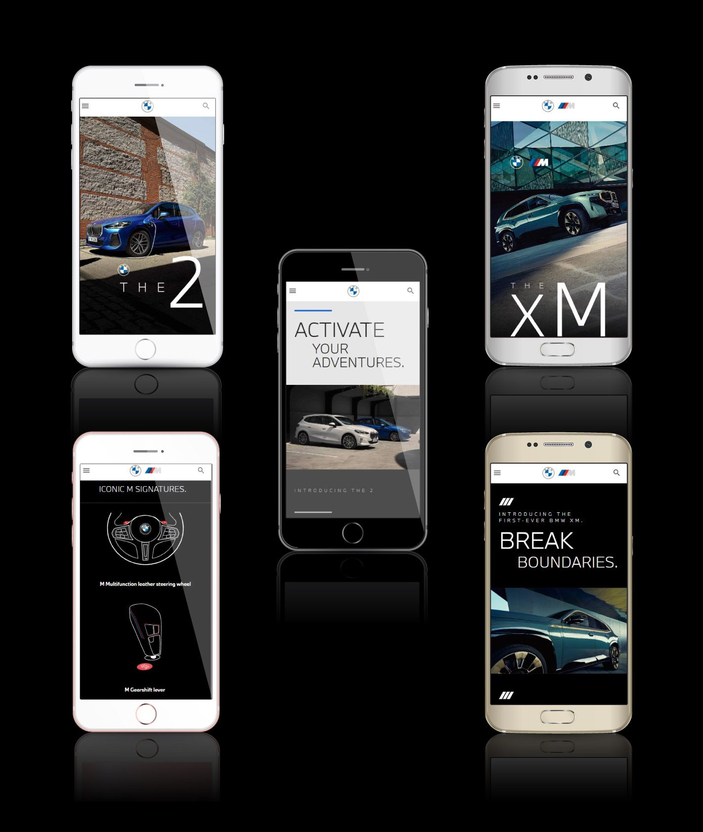 Five smartphones displaying car-related app content against a black background.