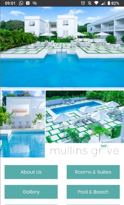 Mullins Grove resort with white buildings, blue pools, and teal buttons for website navigation.