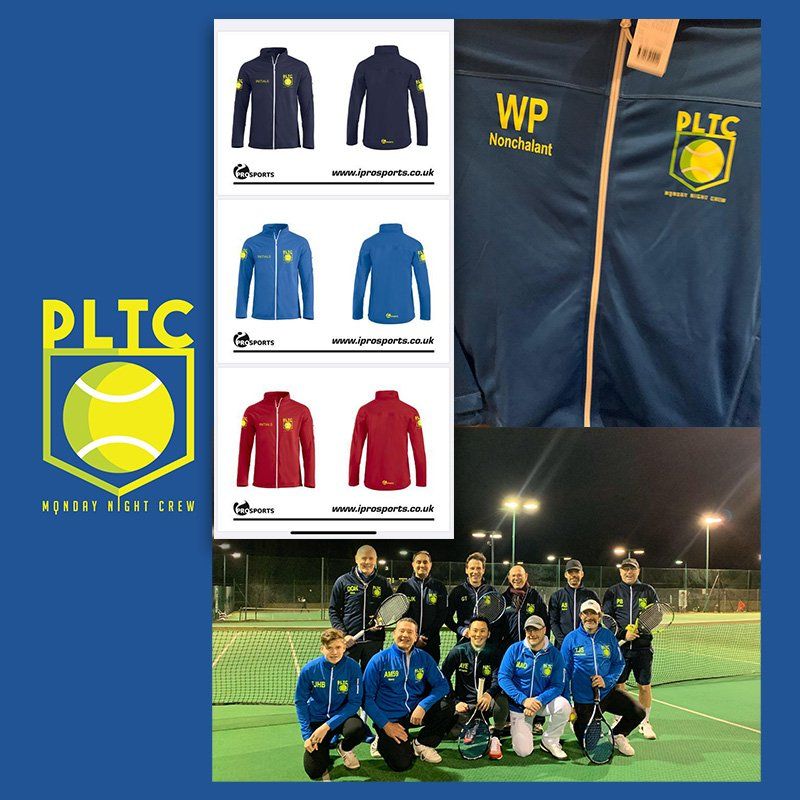 Tennis club promotional graphic: jackets in multiple colors, team photo on a court, and club logo.