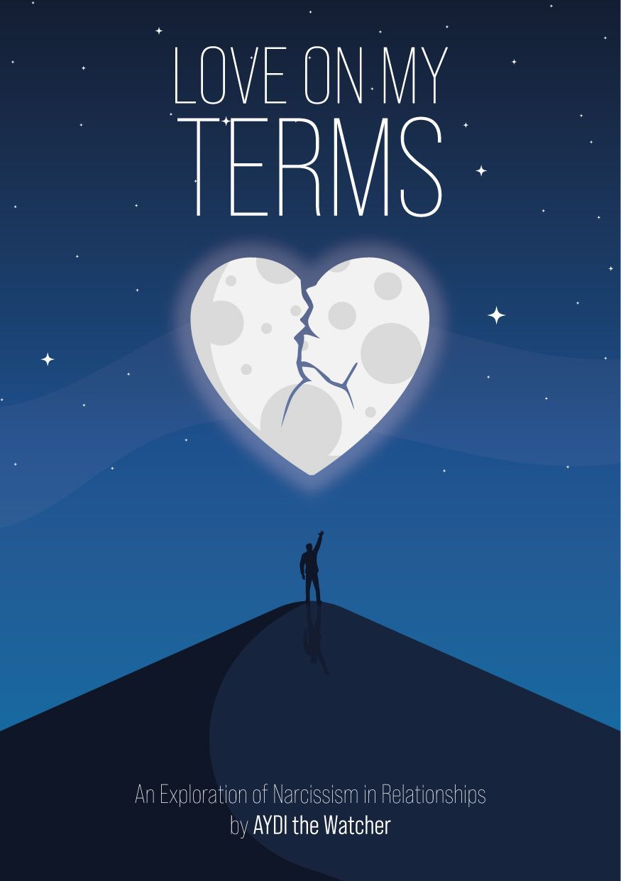 Silhouette of person on hill reaching toward a glowing moon-heart in night sky; 