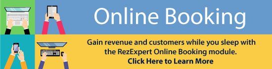 Online Booking banner with laptop, tablet, and phone icons, blue and yellow background. Text:
