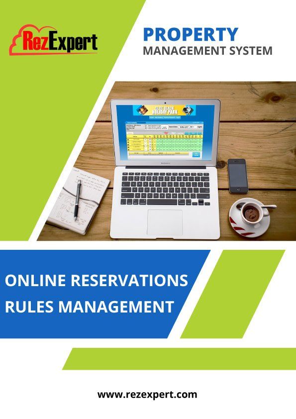 Cover for property management system, laptop on desk. Text: 