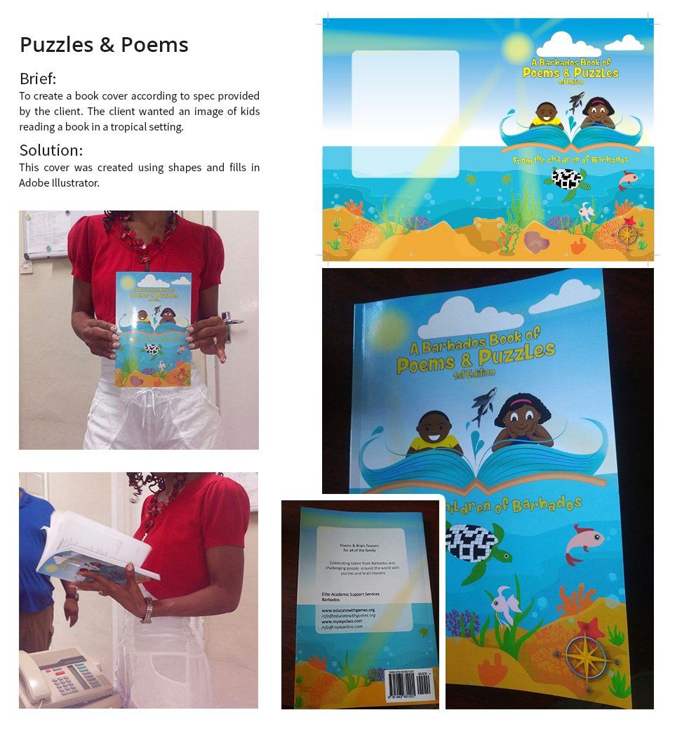 Woman holding a book with a colorful aquatic-themed cover. Additional images of the book and its cover are also present.