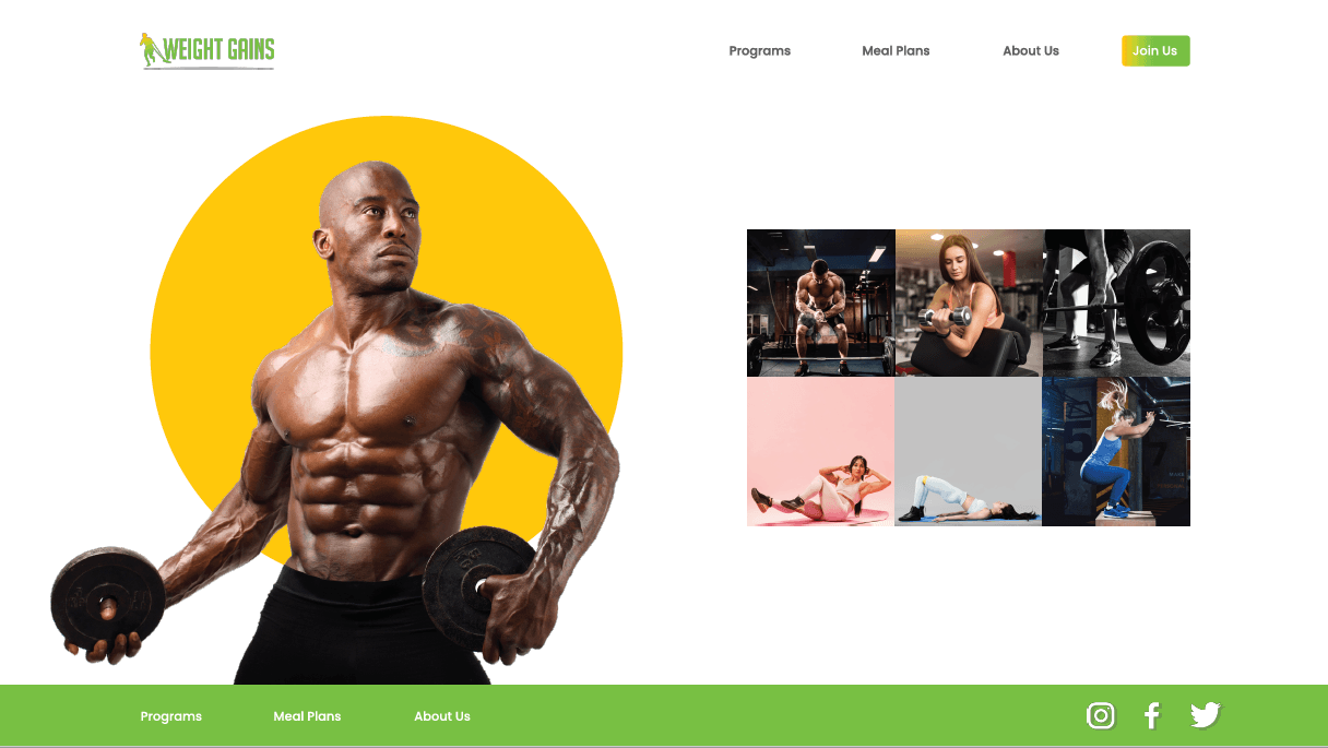 Muscular man holding weights, yellow circle background. Fitness website with gym images.