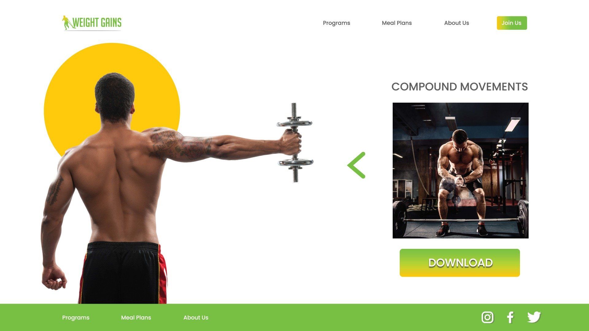 Man with dumbbell, website promoting compound movements.