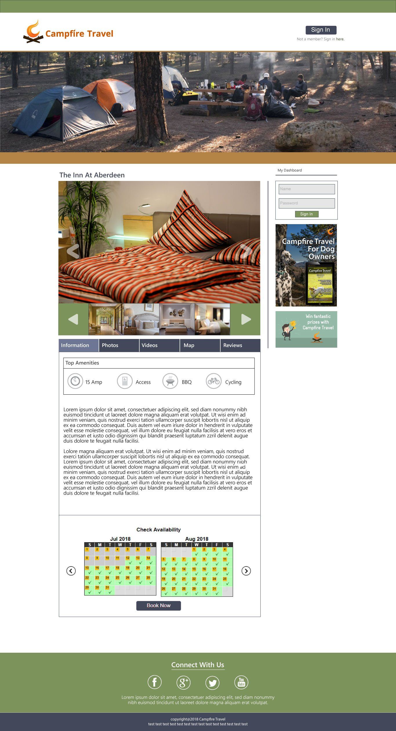 Website with a camping scene banner, cabin photo gallery, and accommodation information.