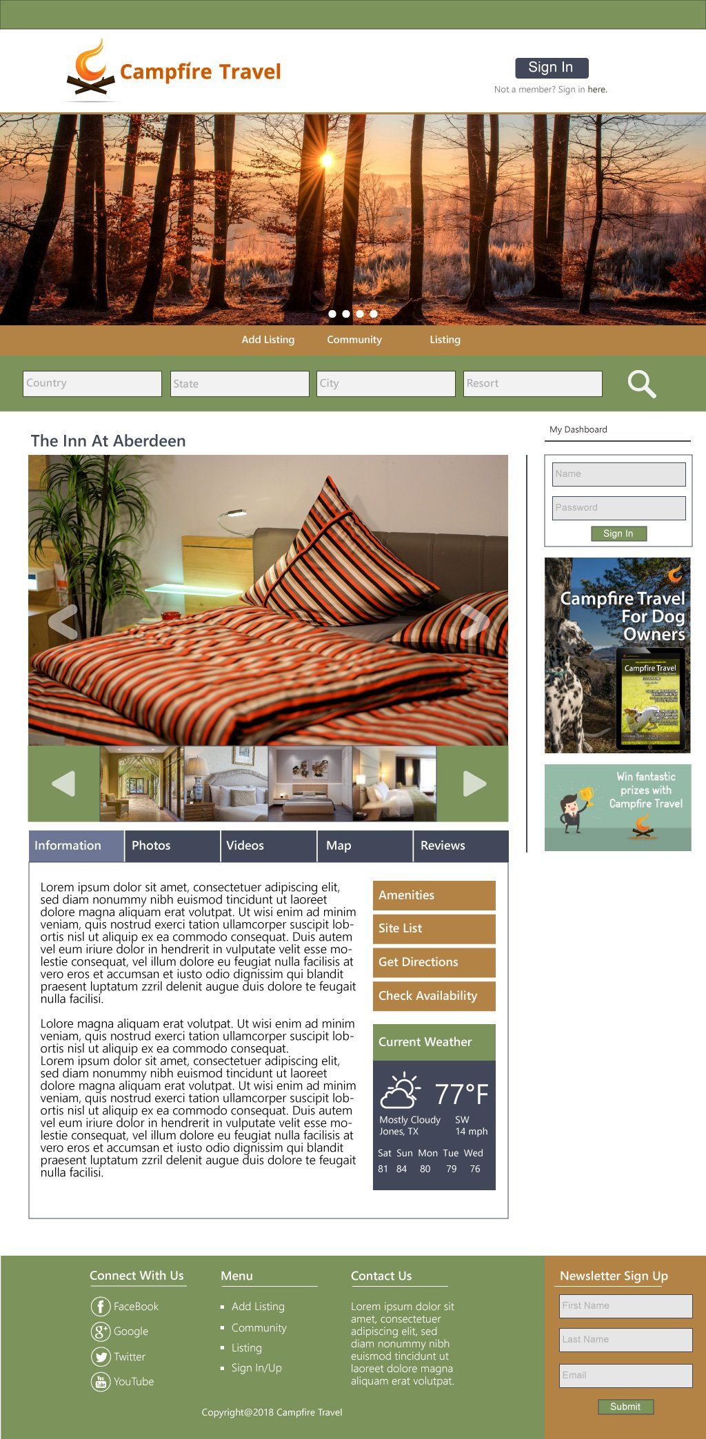 Website layout with a bed in focus. Includes search bar, images, text, and contact form.