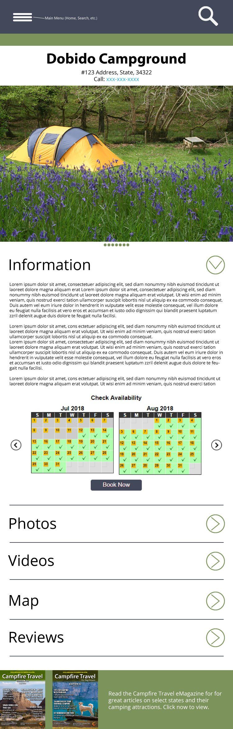 Website page about Delida Campground, showing a tent in a field of flowers. Information and campsite availability is listed.