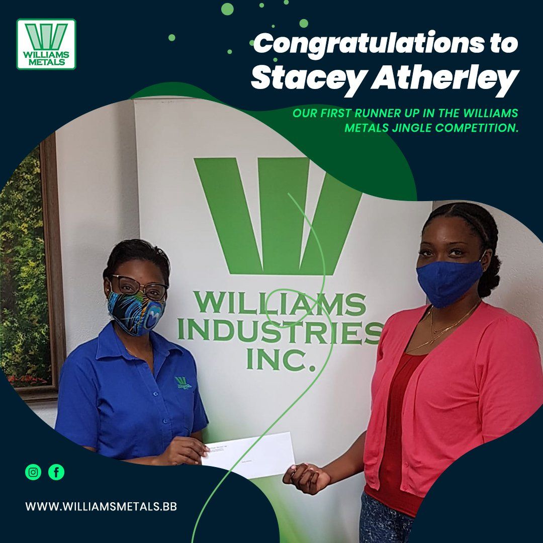 Two women pose, one handing a check. Green Williams Industries Inc. logo in the background, text congratulating Stacey Atherley, runner-up.