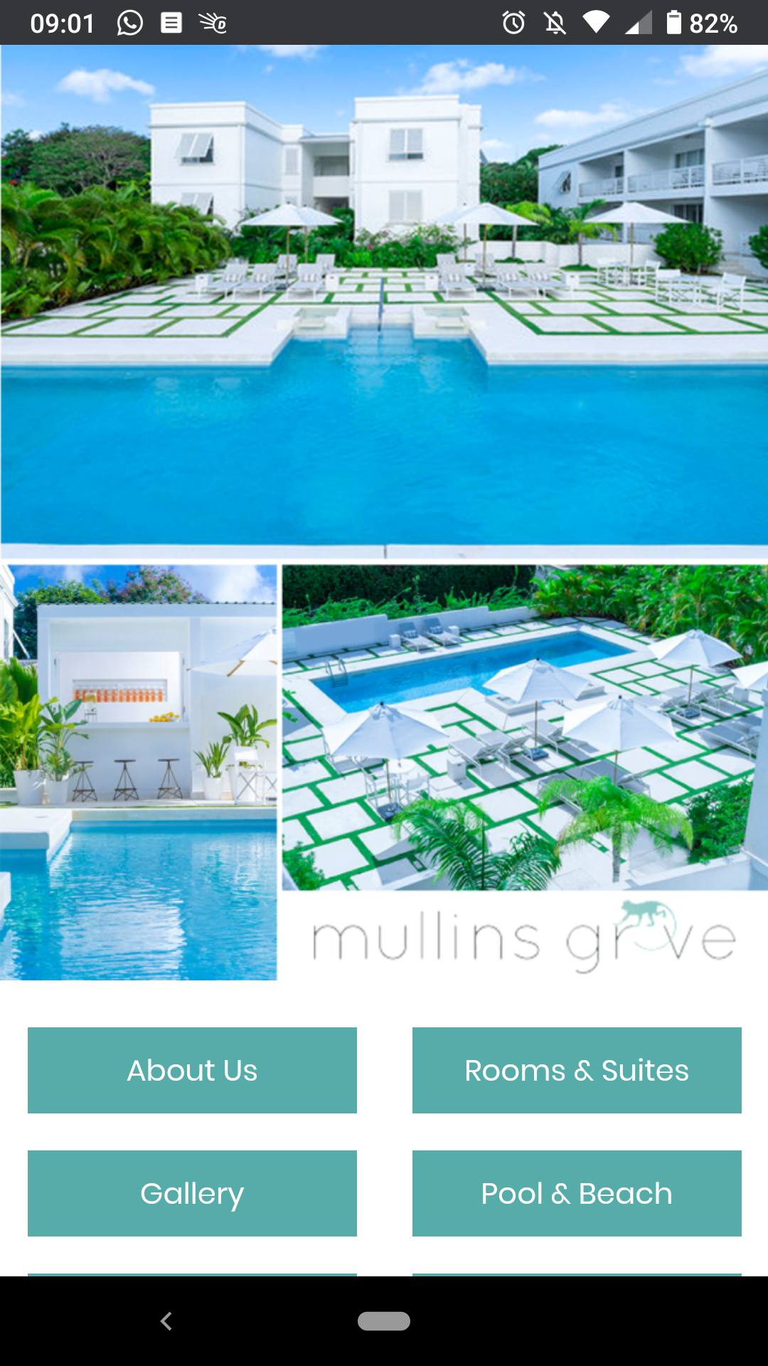 Mullins Grove resort with pool, white buildings, and button options: About Us, Rooms & Suites, Gallery, Pools & Beach.
