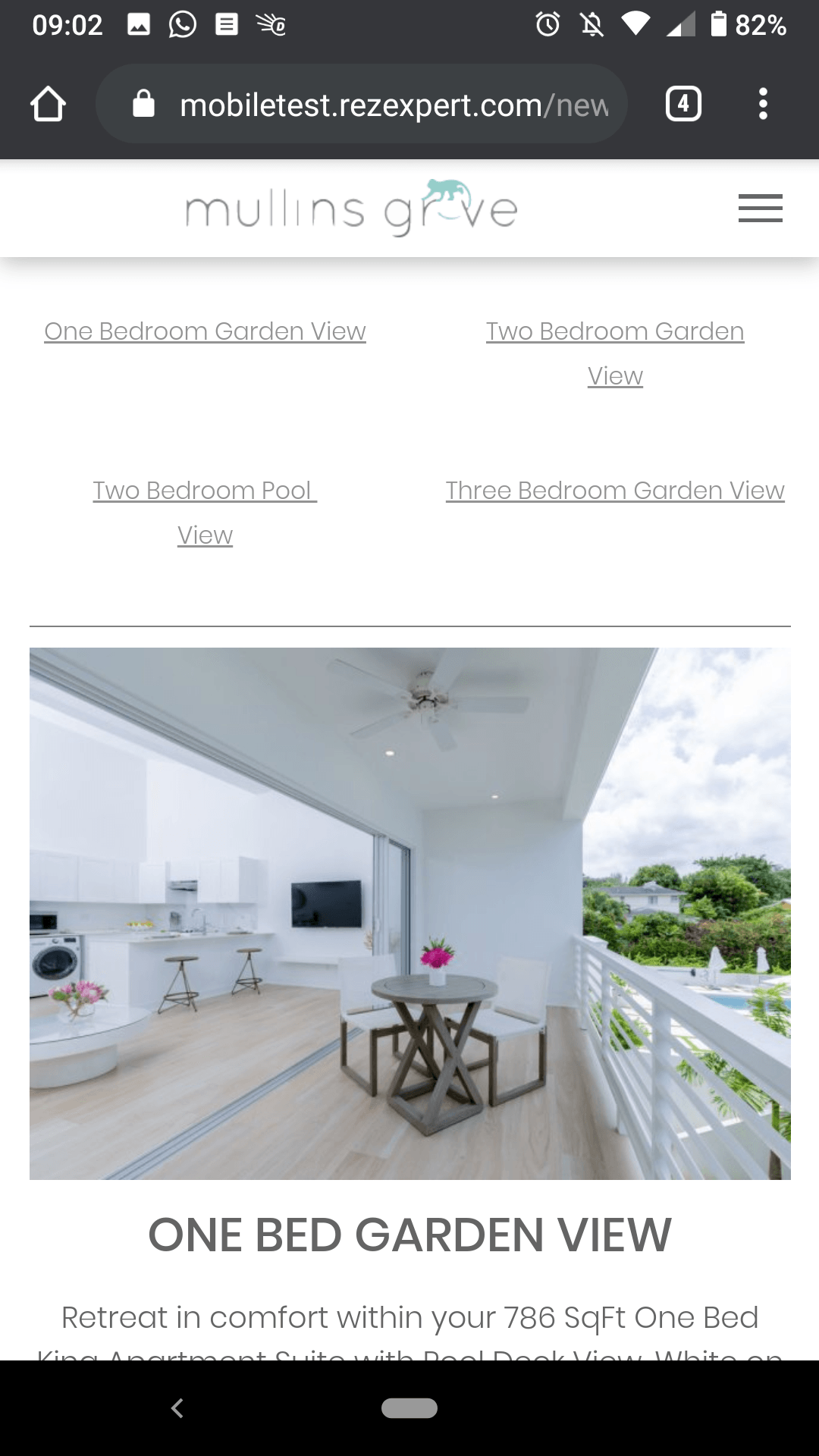 Mobile website showing a condo with a balcony overlooking a garden view.