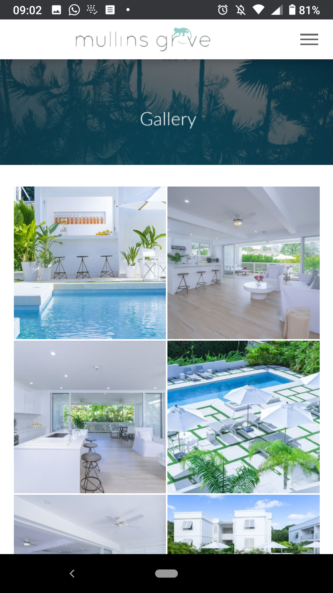 Mullins Grove website gallery showing bright, white interior and exterior spaces with pools and plants.