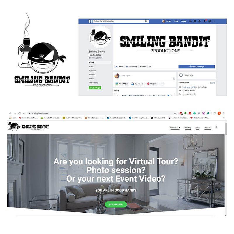 Smiling Bandit Productions logo, Facebook page, and website. The logo features a smiling bandit with a flask.