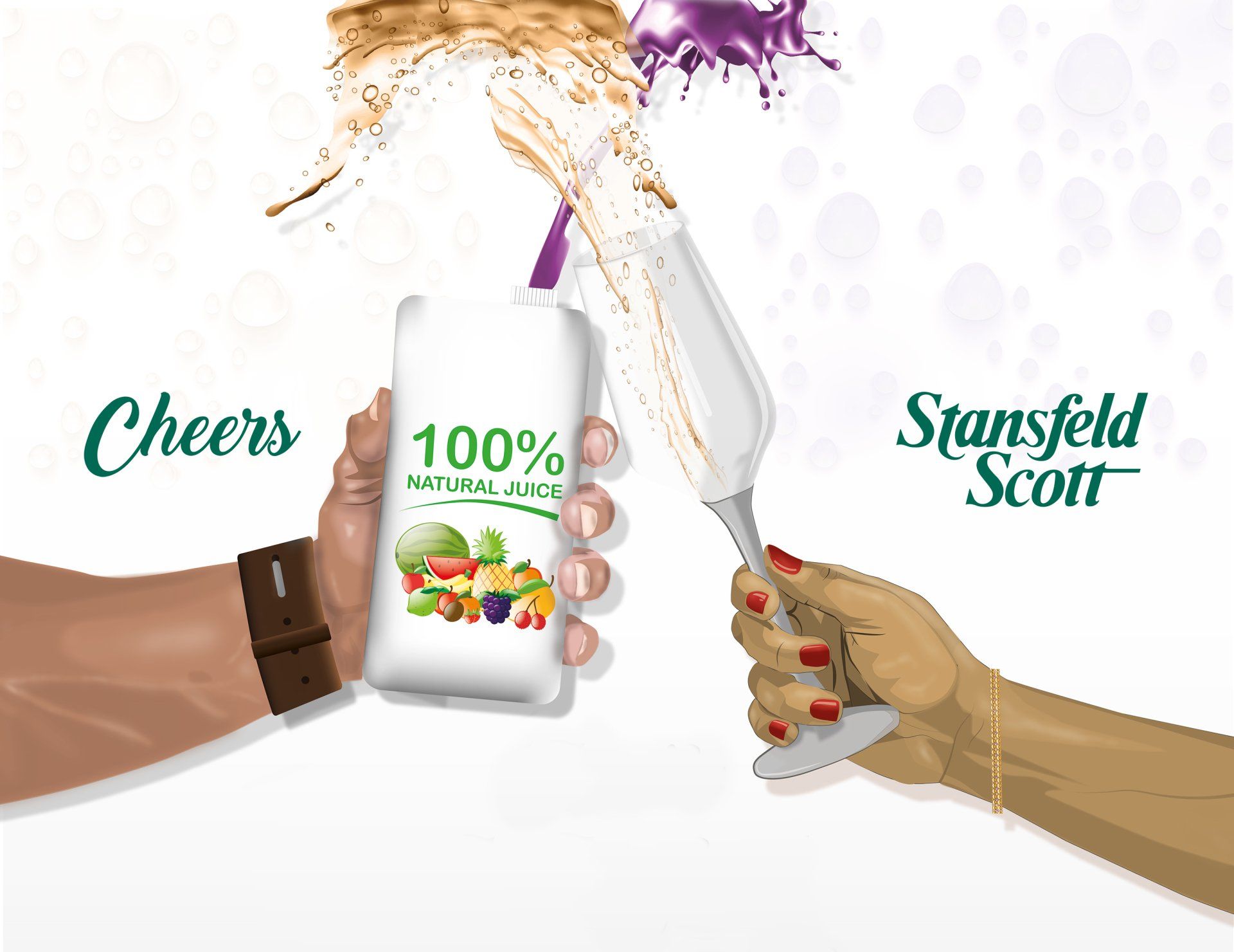 Hands toasting: carton of juice and wine glass. Spilled juice, Cheers, Stanfield Scott.