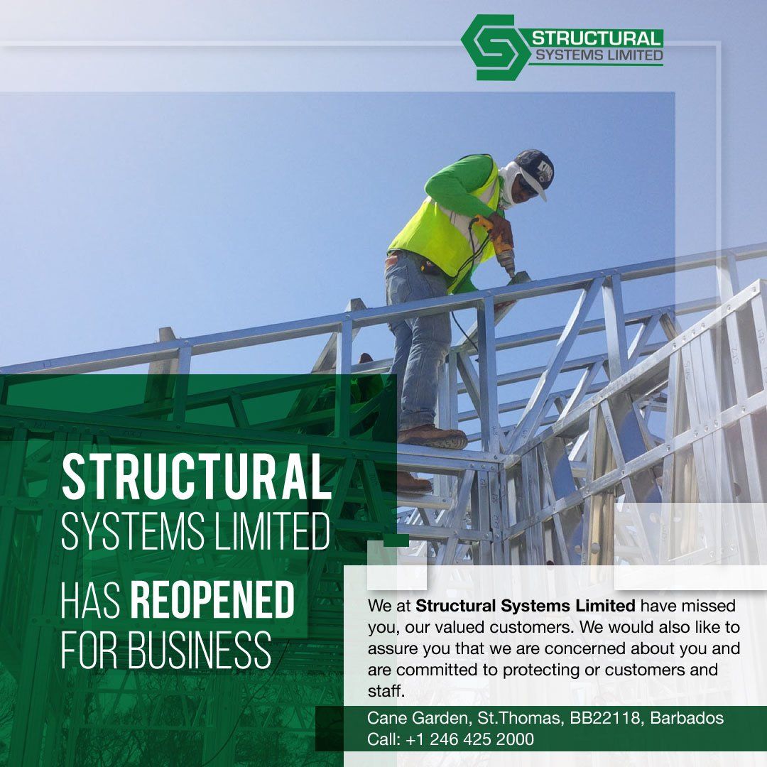 Construction worker on a metal roof, logo for Structural Systems Limited, announcing reopening.