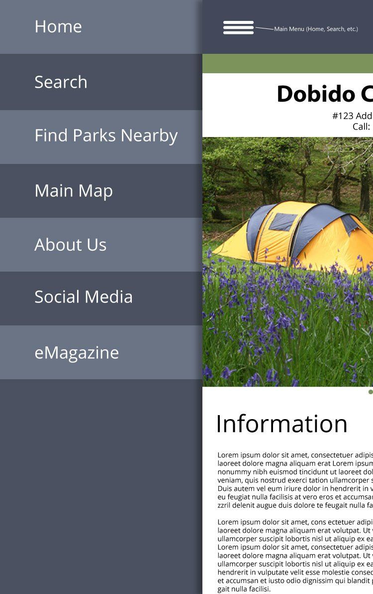 Mobile app interface with a navigation menu and information about
