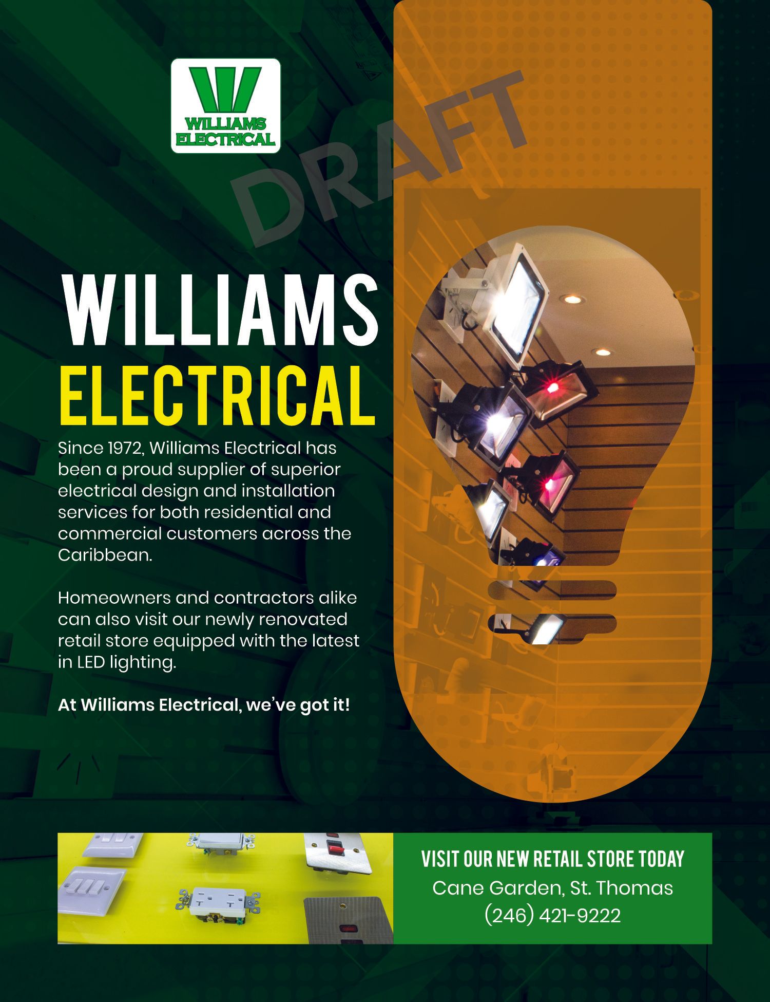 Advertisement for Williams Electrical, with light bulb shaped graphic, green and orange color scheme, with a picture of lights and contact information.