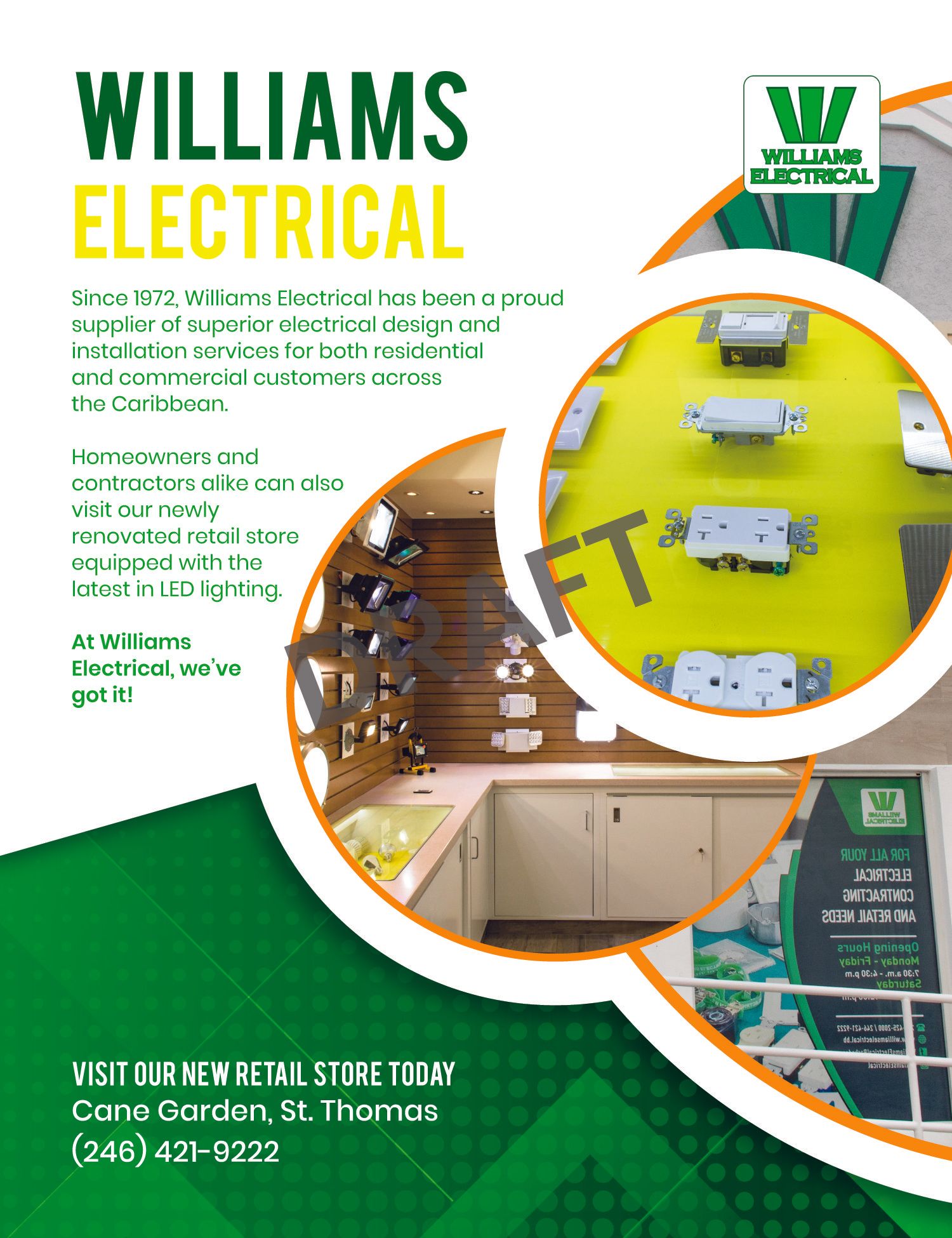 Flyer for Williams Electrical featuring electrical products and services, in St. Thomas, with logo.
