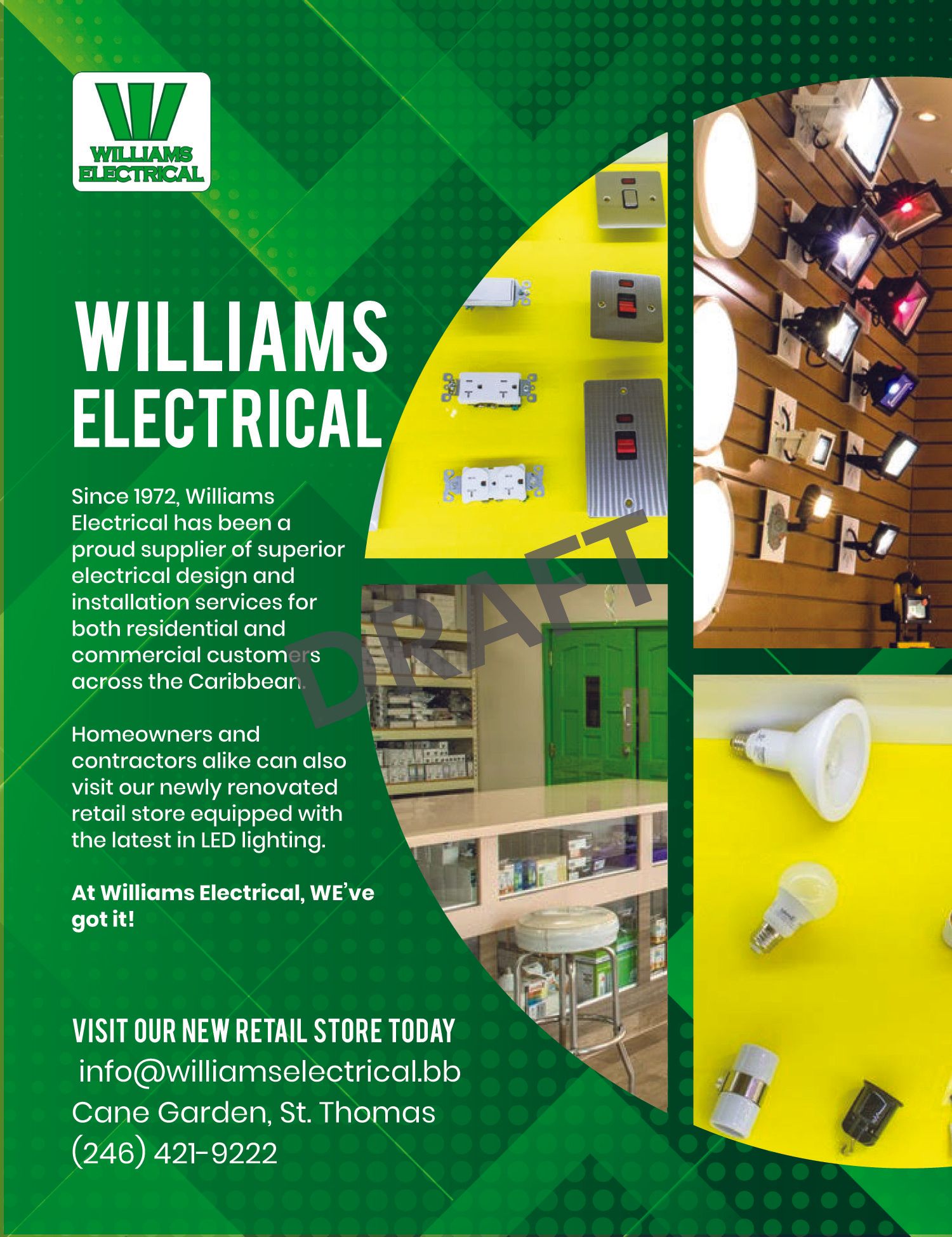 Green ad for Williams Electrical with store photos and contact info.