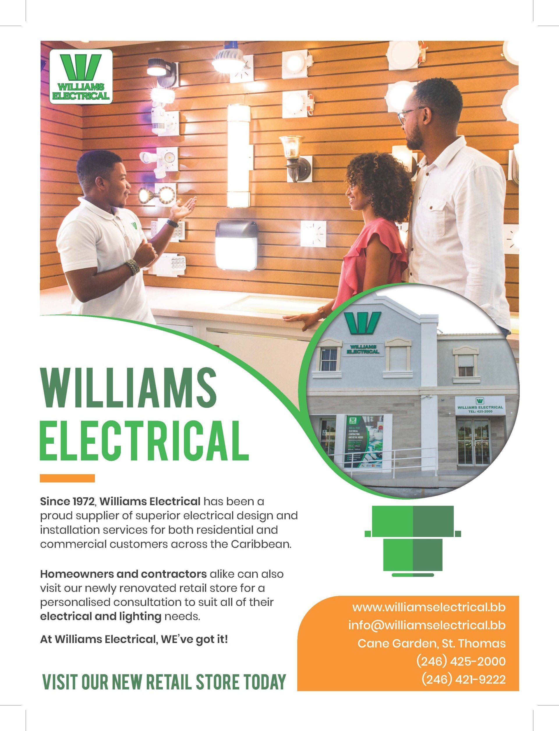Williams Electrical ad: Man showing lighting to a couple in a store. Building photo in a circle. Green, white, orange.