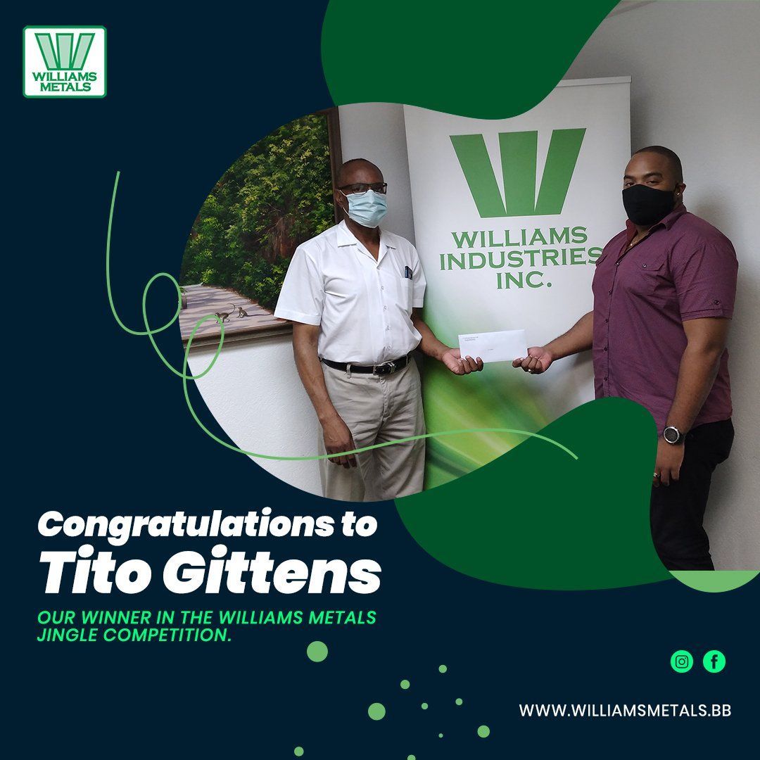 Two men holding a check. One wears a mask, the other holds a Williams Metals sign. Text: 