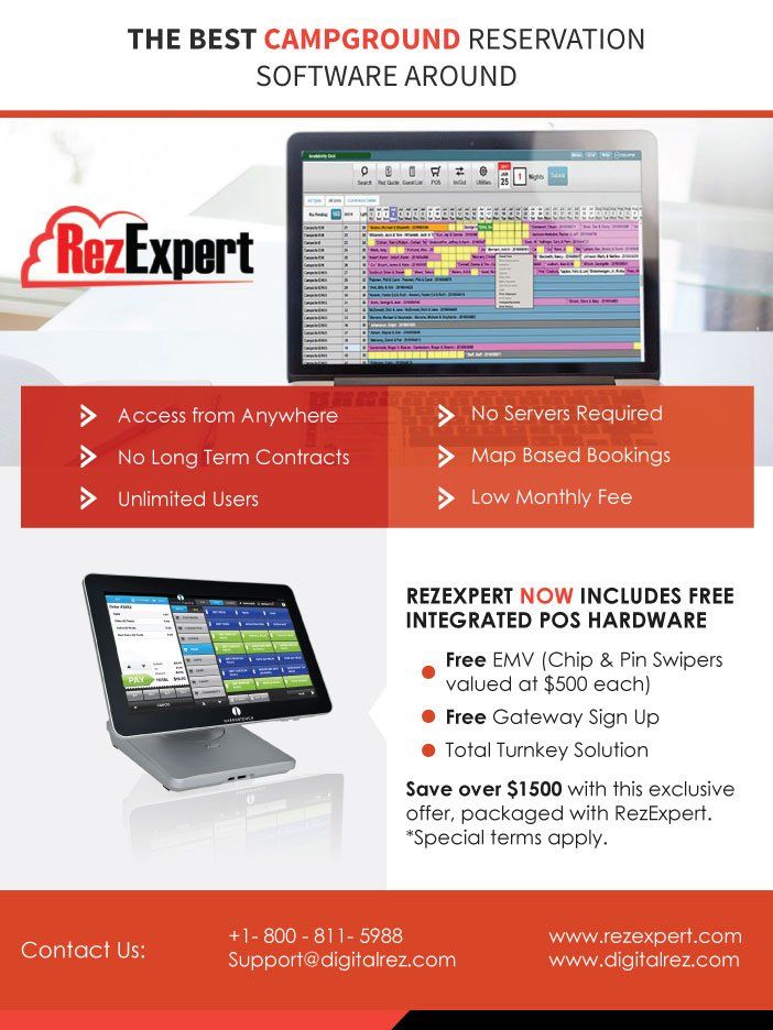 Advertisement for RezExpert campground reservation software, showing a laptop and POS hardware on an orange background.