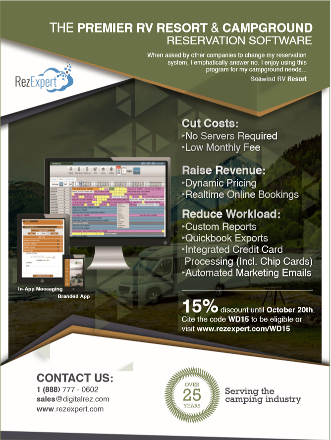 Advertisement for RV resort reservation software, with features and a discount offer.